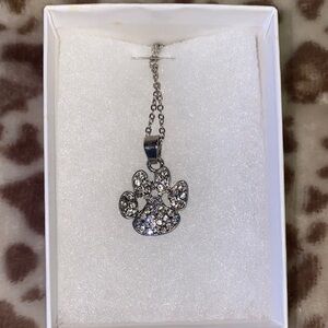 Paw Print Crystal Pendant Necklace - Silver Tone